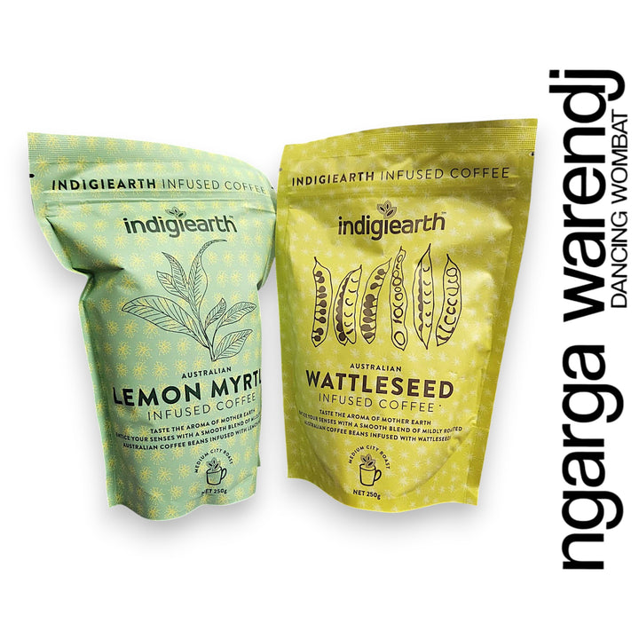 Two packages of Indigiearth coffee, one lemon myrtle and one wattleseed, on a white background with 'ngarga warden' branding.