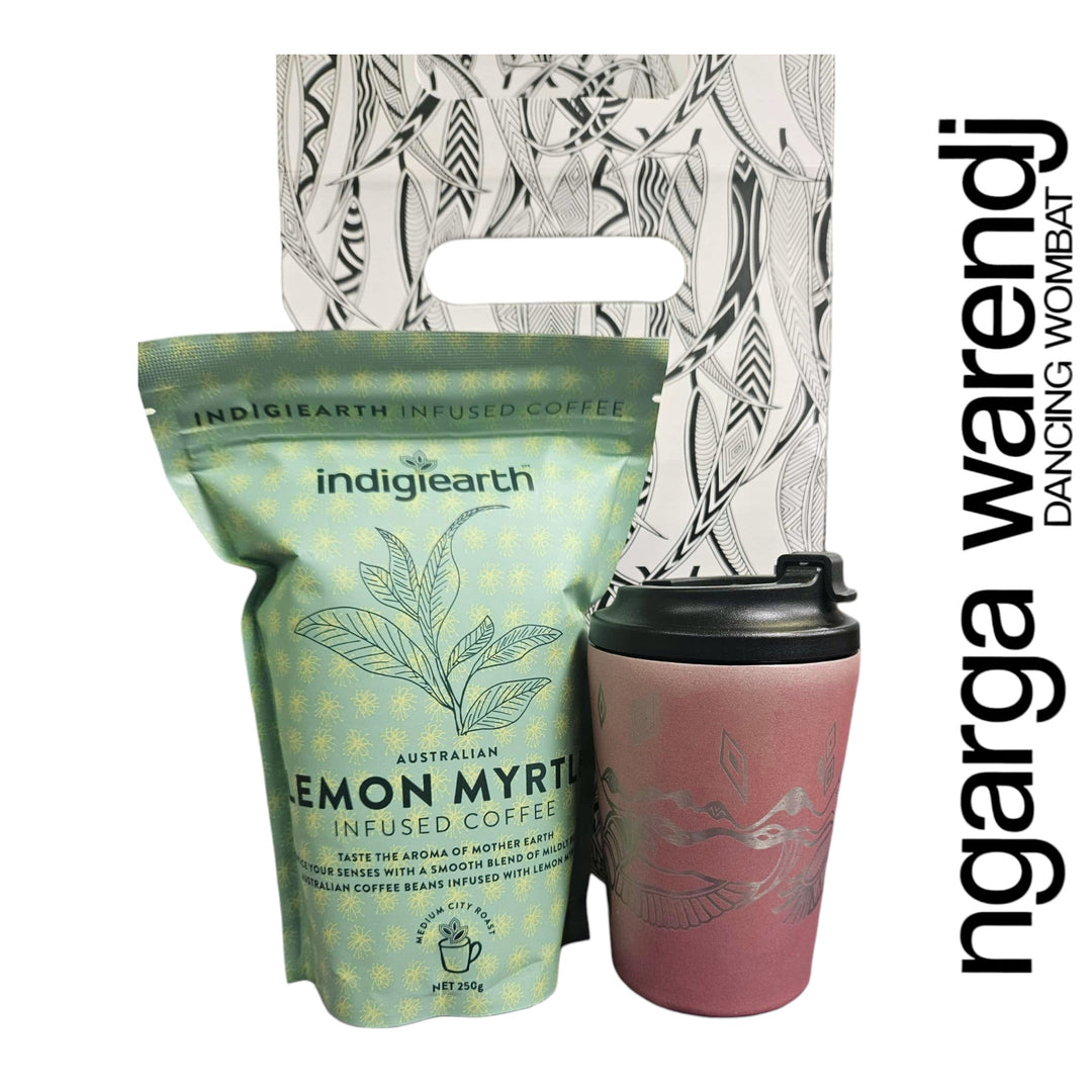 Indigiearth lemon myrtle coffee package with a pink cup on a white background, featuring the ngarga wardenj branding.