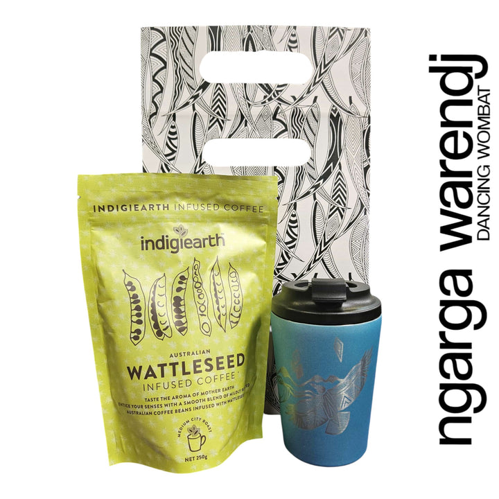 Indigiearth wattleseed infused coffee package with a blue tumbler and decorative packaging on a white background.