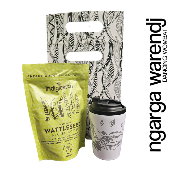 Indigiearth wattleseed coffee package, reusable cup, and patterned bag with 'ngarga wardenj' branding on a white background.