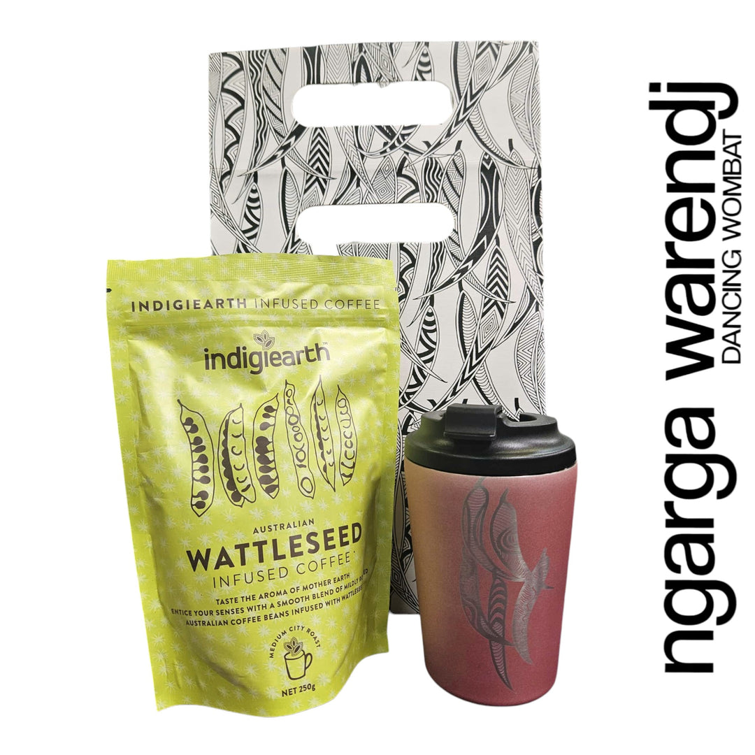 Indigiearth Wattleseed Infused Coffee package with a red cup and black lid, against a white background.