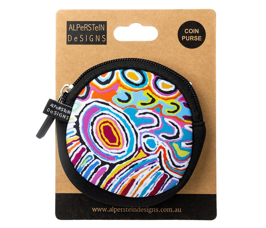 COIN PURSE NEOPRENE- ASSORTED ABORIGINAL ART DESIGNS BY WARLUKURLANGU ARTISTS YUENDUMU