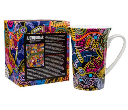 FINE BONE CHINA CERAMIC FLUTED MUG - ABORIGINAL ART BY ASSORTED ARTISTS