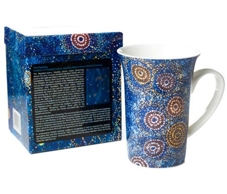 FINE BONE CHINA CERAMIC FLUTED MUG - ABORIGINAL ART BY ASSORTED ARTISTS