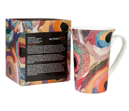 FINE BONE CHINA CERAMIC FLUTED MUG - ABORIGINAL ART BY ASSORTED ARTISTS