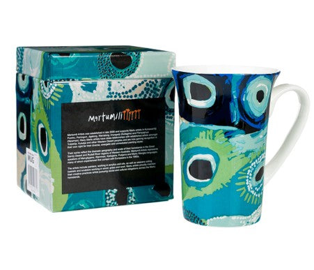 FINE BONE CHINA CERAMIC FLUTED MUG - ABORIGINAL ART BY ASSORTED ARTISTS