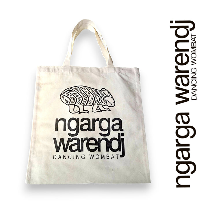 Tote bag with 'ngarga warendj Dancing Wombat' text and logo on a white background