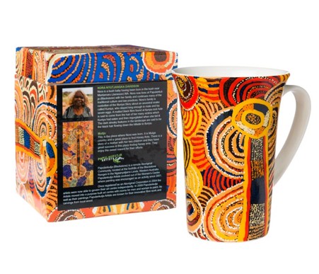 FINE BONE CHINA CERAMIC FLUTED MUG - ABORIGINAL ART BY ASSORTED ARTISTS