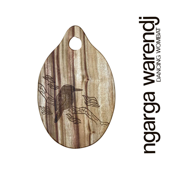 Wooden plaque with engraved design of a kookaburra, branded 'ngarga warendj'.