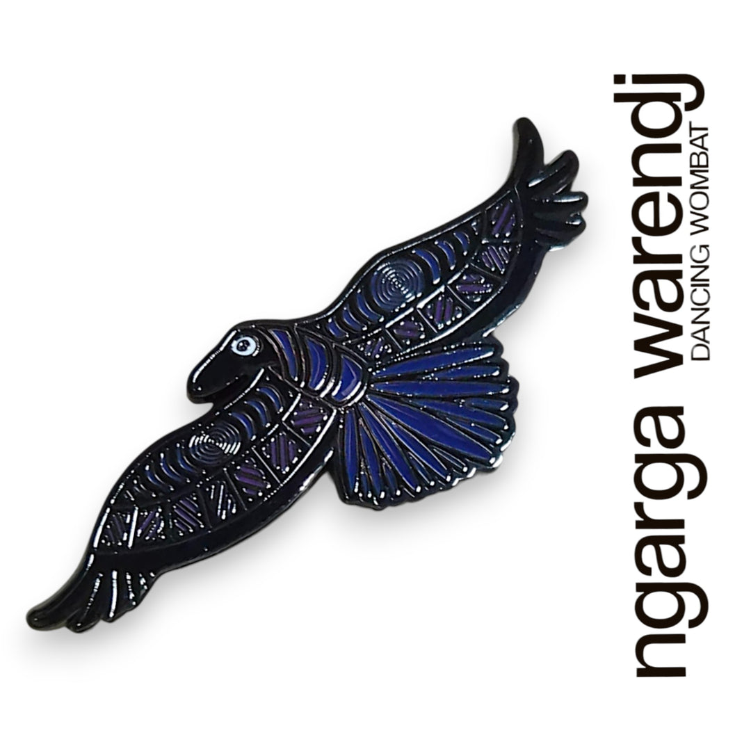 Decorative brooch of a Crow with intricate patterns on a white background, featuring the brand 'ngarga warendj'.