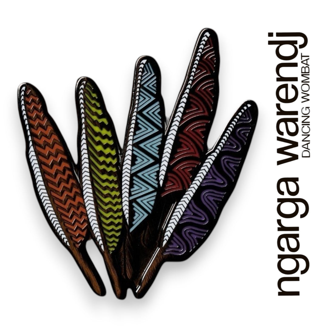 Colorful feather designs with a brand name ngarga warendj on a white background