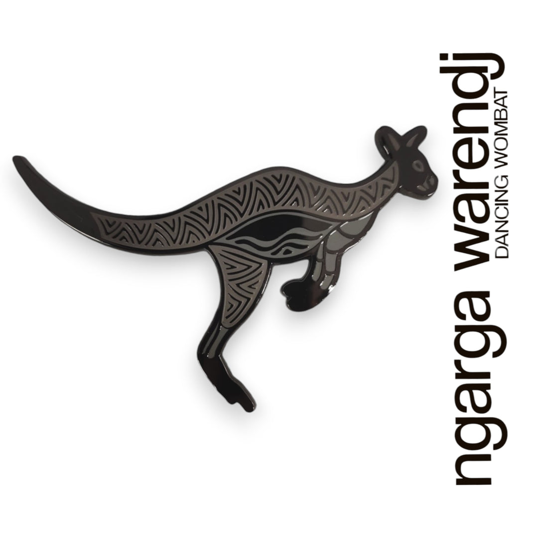 Decorative kangaroo-shaped lapel pin brooch with tribal patterns on a white background, featuring the brand 'ngarga warendj'.