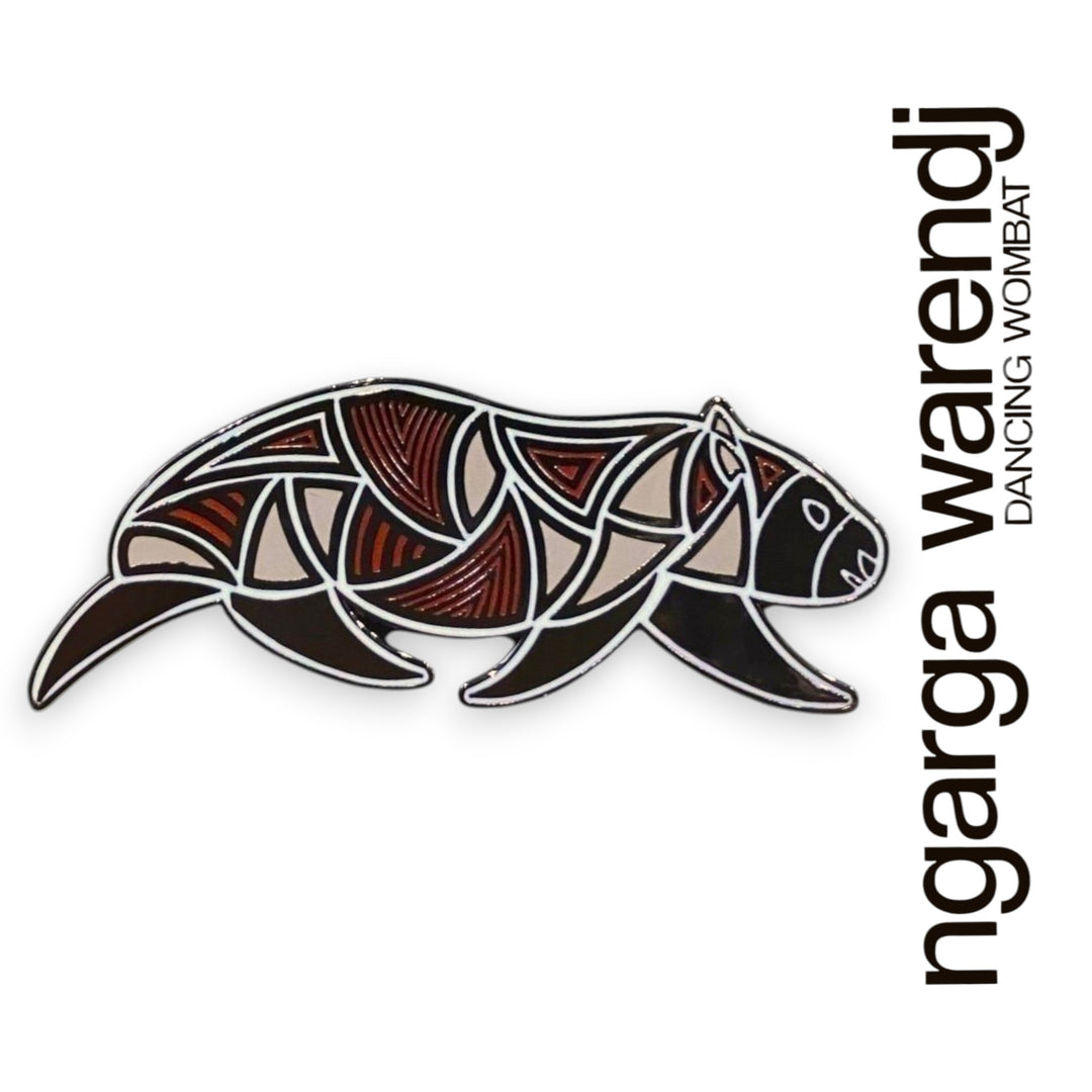 Decorative wombat design with abstract patterns on a white background, featuring the text 'ngarga warendj' and 'Dancing Wombat'.