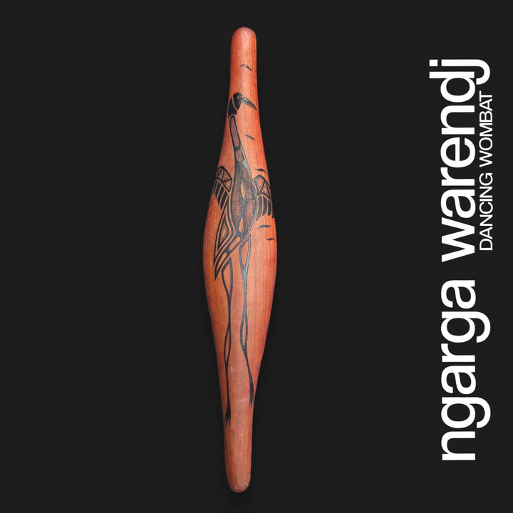 Front of medium red cedar parrying shield with Garorrk the brolga design in black, showing long legs and patterned wings.