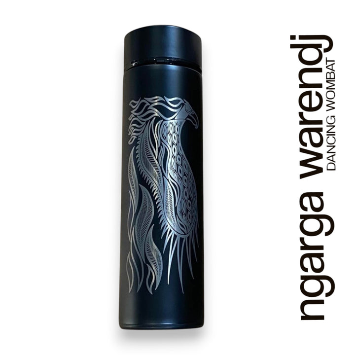 DOUBLE WALLED INSULATED STAINLESS STEEL FLASK WITH INFUSER 500ML - BUNJIL THE WEDGE TAILED EAGLE DESIGN - BLACK OR WHITE