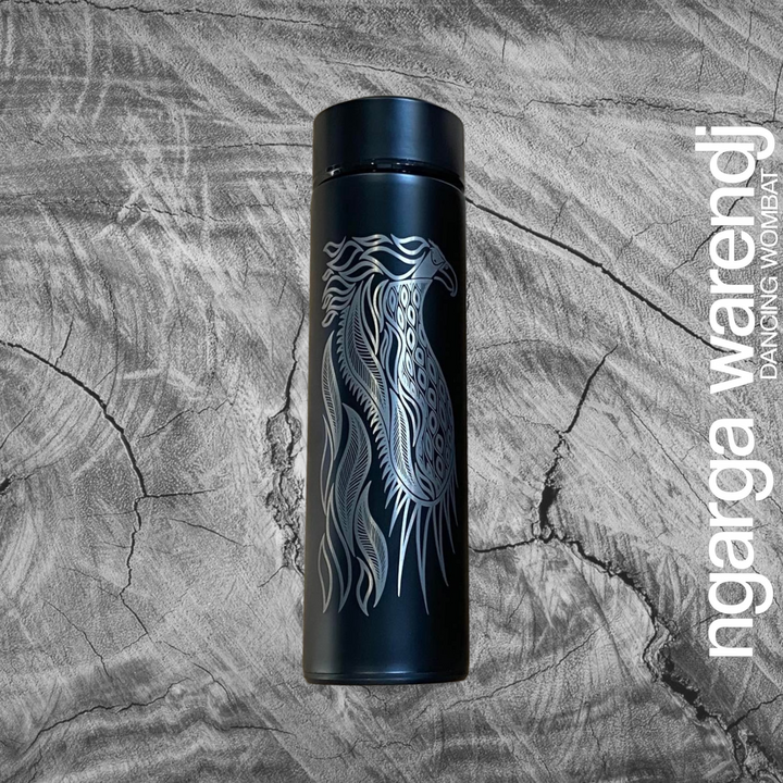 DOUBLE WALLED INSULATED STAINLESS STEEL FLASK WITH INFUSER 500ML - BUNJIL THE WEDGE TAILED EAGLE DESIGN - BLACK OR WHITE