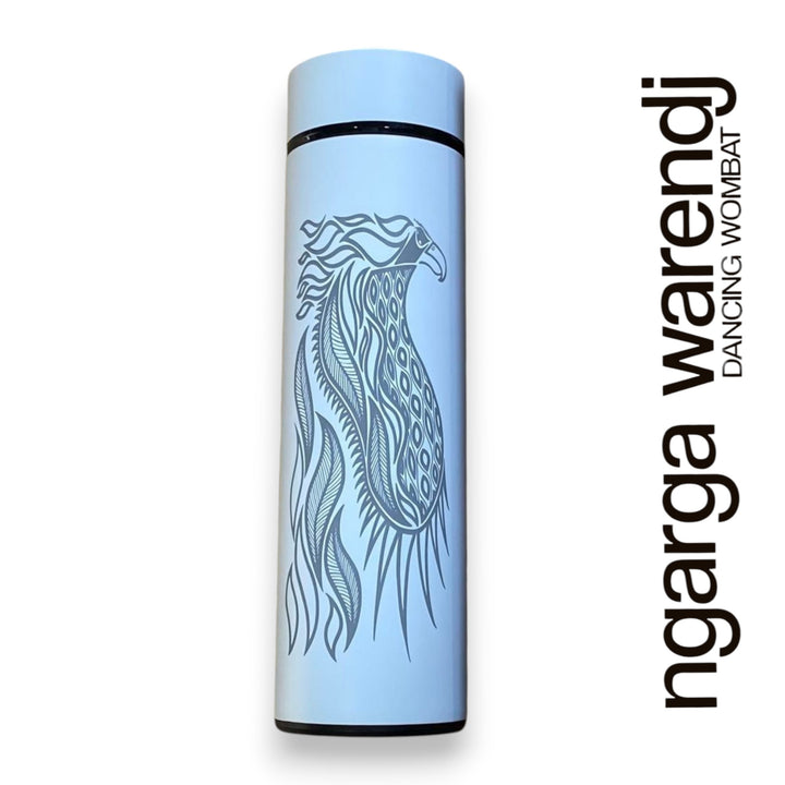 DOUBLE WALLED INSULATED STAINLESS STEEL FLASK WITH INFUSER 500ML - BUNJIL THE WEDGE TAILED EAGLE DESIGN - BLACK OR WHITE