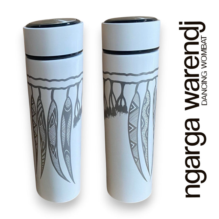 DOUBLE WALLED INSULATED STAINLESS STEEL FLASK WITH INFUSER 500ml - GUM LEAVES DESIGN - BLACK OR WHITE