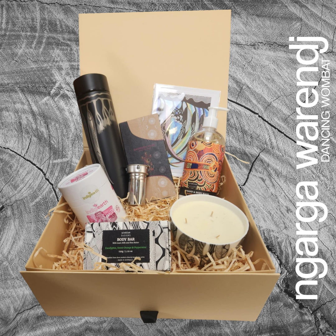 Ngarga Warendj Gift Box Tea Hamper Pack - Tea Flask, Indigiearth Tea, Candle, Hand Wash, Body Soap, Chocolate & Art Card