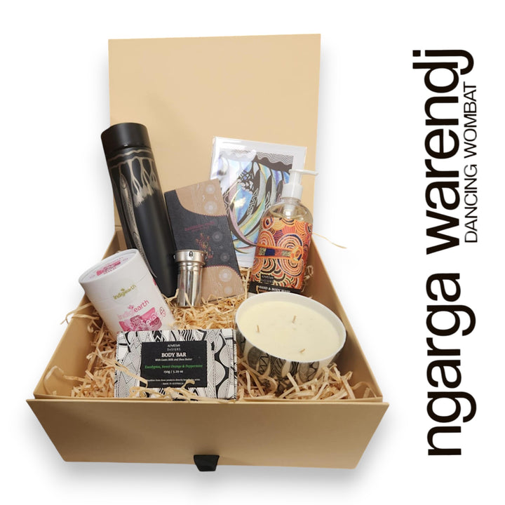 Ngarga Warendj Gift Box Tea Hamper Pack - Tea Flask, Indigiearth Tea, Candle, Hand Wash, Body Soap, Chocolate & Art Card