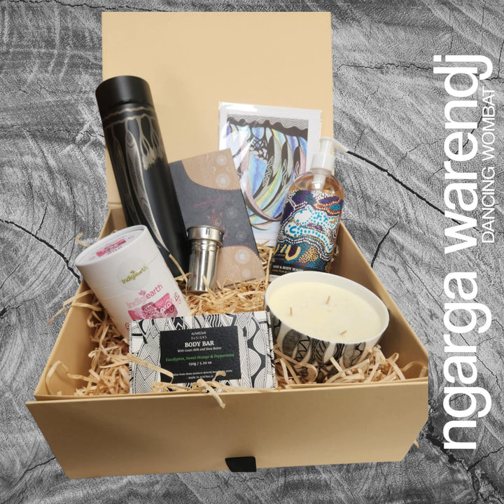Ngarga Warendj Gift Box Tea Hamper Pack - Tea Flask, Indigiearth Tea, Candle, Hand Wash, Body Soap, Chocolate & Art Card