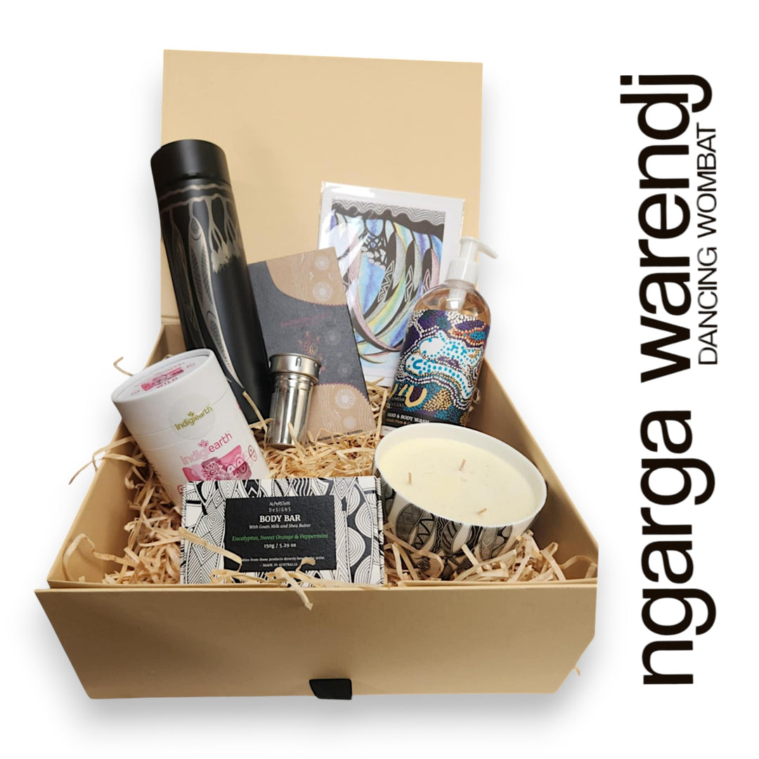 Ngarga Warendj Gift Box Tea Hamper Pack - Tea Flask, Indigiearth Tea, Candle, Hand Wash, Body Soap, Chocolate & Art Card