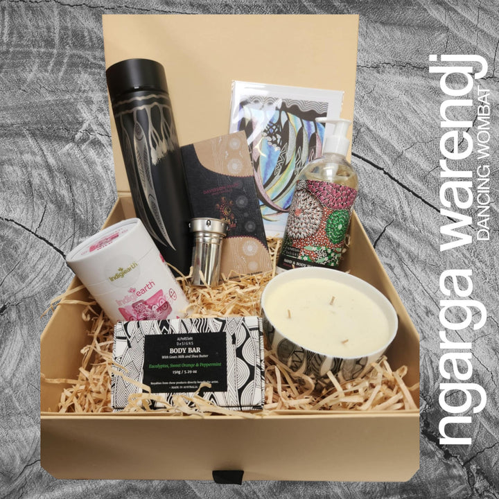 Ngarga Warendj Gift Box Tea Hamper Pack - Tea Flask, Indigiearth Tea, Candle, Hand Wash, Body Soap, Chocolate & Art Card