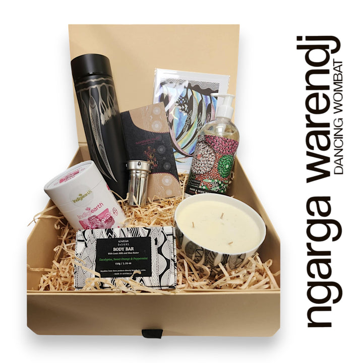 Ngarga Warendj Gift Box Tea Hamper Pack - Tea Flask, Indigiearth Tea, Candle, Hand Wash, Body Soap, Chocolate & Art Card