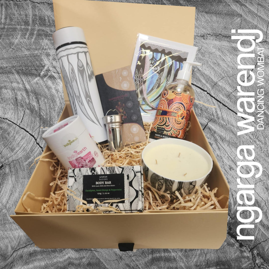 Ngarga Warendj Gift Box Tea Hamper Pack - Tea Flask, Indigiearth Tea, Candle, Hand Wash, Body Soap, Chocolate & Art Card