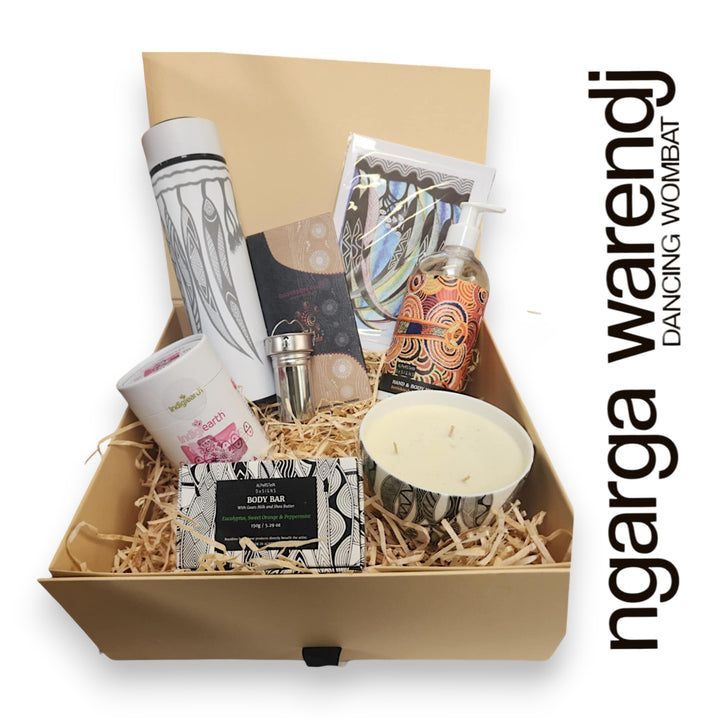 Ngarga Warendj Gift Box Tea Hamper Pack - Tea Flask, Indigiearth Tea, Candle, Hand Wash, Body Soap, Chocolate & Art Card