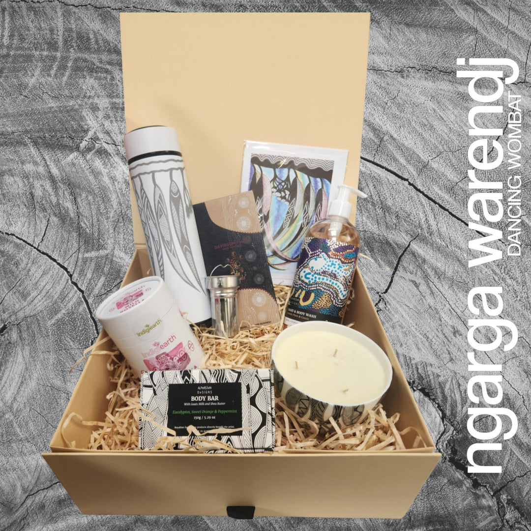 Ngarga Warendj Gift Box Tea Hamper Pack - Tea Flask, Indigiearth Tea, Candle, Hand Wash, Body Soap, Chocolate & Art Card