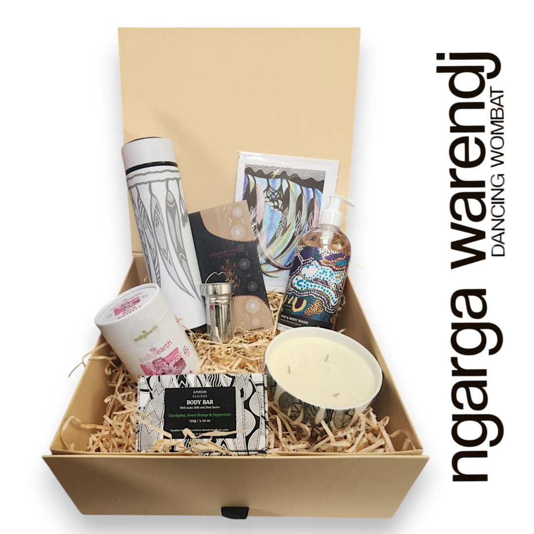 Ngarga Warendj Gift Box Tea Hamper Pack - Tea Flask, Indigiearth Tea, Candle, Hand Wash, Body Soap, Chocolate & Art Card