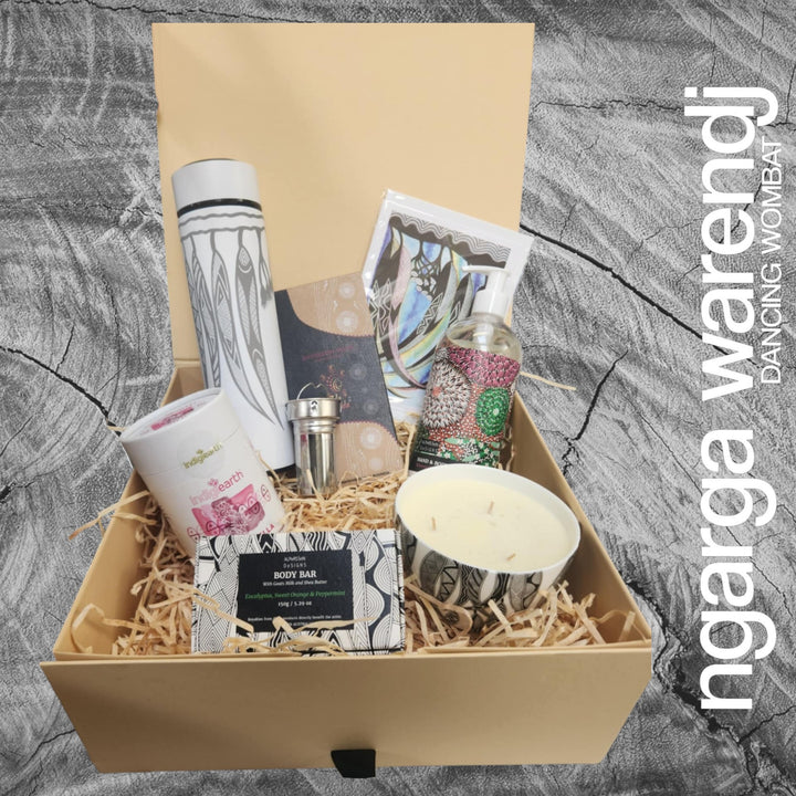 Ngarga Warendj Gift Box Tea Hamper Pack - Tea Flask, Indigiearth Tea, Candle, Hand Wash, Body Soap, Chocolate & Art Card