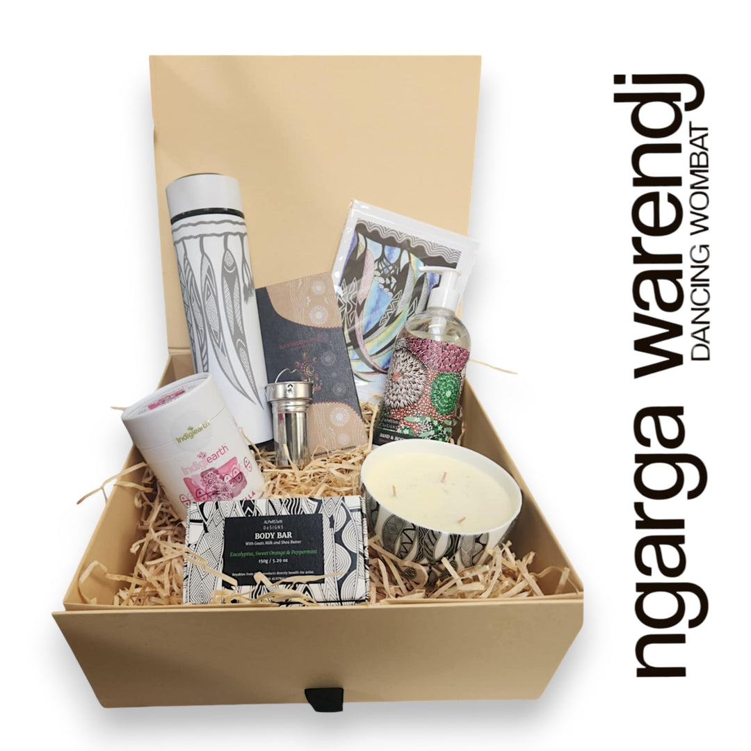 Ngarga Warendj Gift Box Tea Hamper Pack - Tea Flask, Indigiearth Tea, Candle, Hand Wash, Body Soap, Chocolate & Art Card