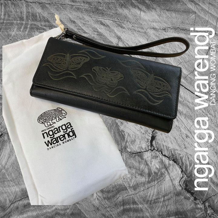 BLACK LADIES LEATHER PURSE WALLET WITH PHONE HOLDER & COTTON GIFT BAG - BUTTERFLY DESIGN