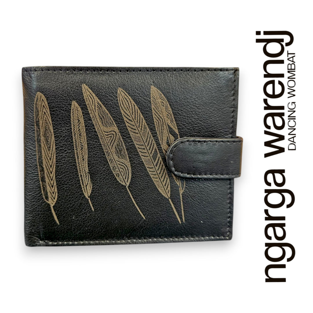 Black leather wallet with feather design on a white background, featuring the brand 'ngarga warendj'.