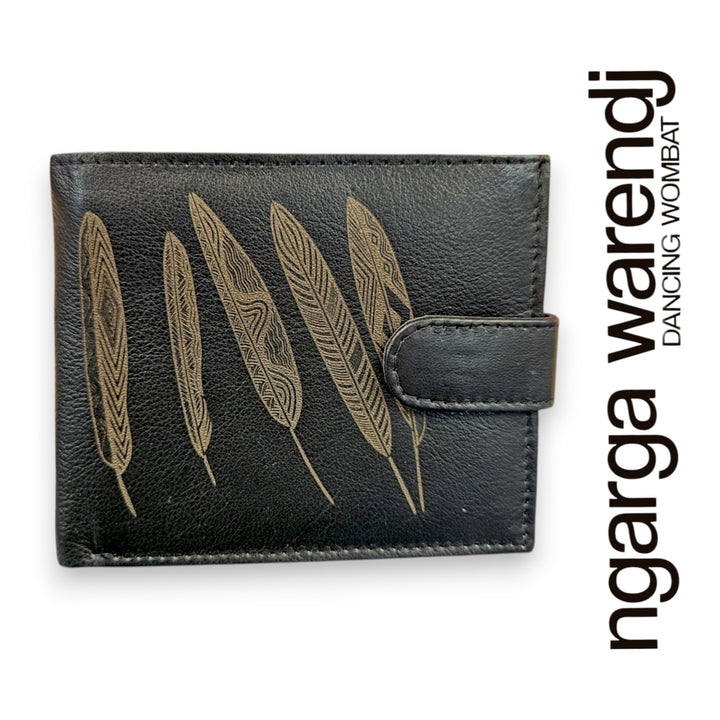 Black leather wallet with feather design on a white background, featuring the brand 'ngarga warendj'.