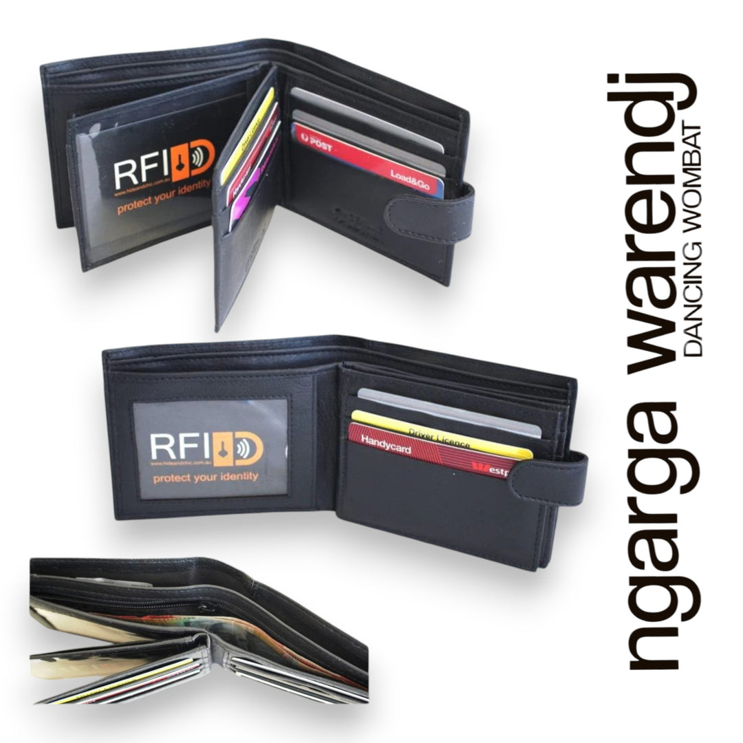 Black wallet with card slots and 'RFID' protection feature, displayed open on a white background.