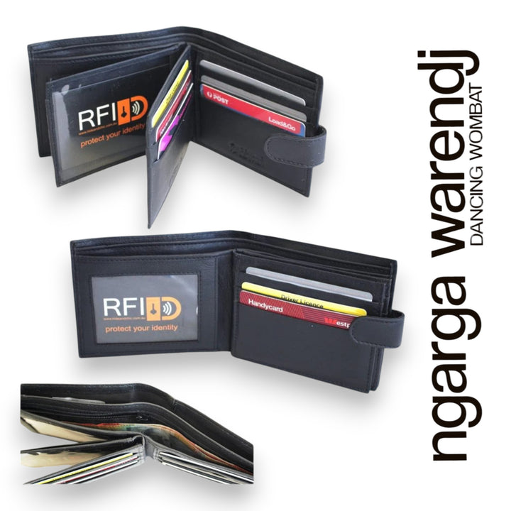 Black wallet with card slots and 'RFID' protection feature, displayed open on a white background.