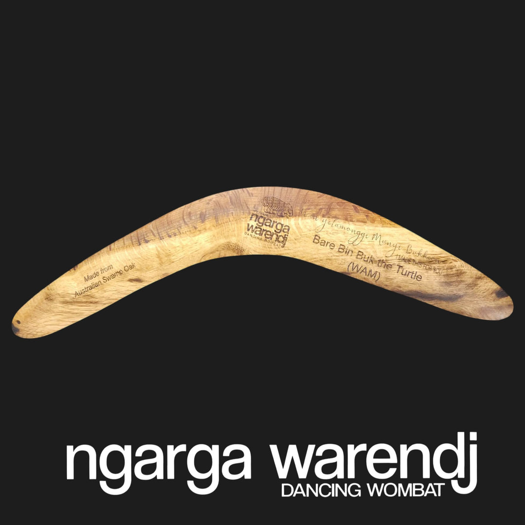 BOOMERANG WANGIM AUSTRALIAN SWAMP OAK MEDIUM BAREBIN BUK THE LONG NECK TURTLE DESIGN