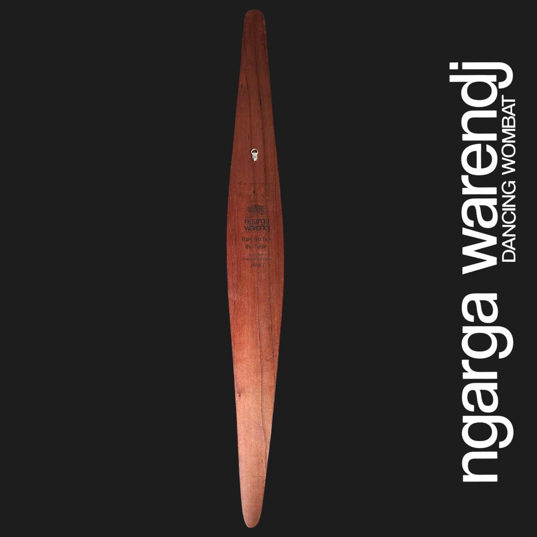 Back of large Barebin Buk Turtle wall shield showing red cedar grain, engraved branding and an attached metal wall hanger.