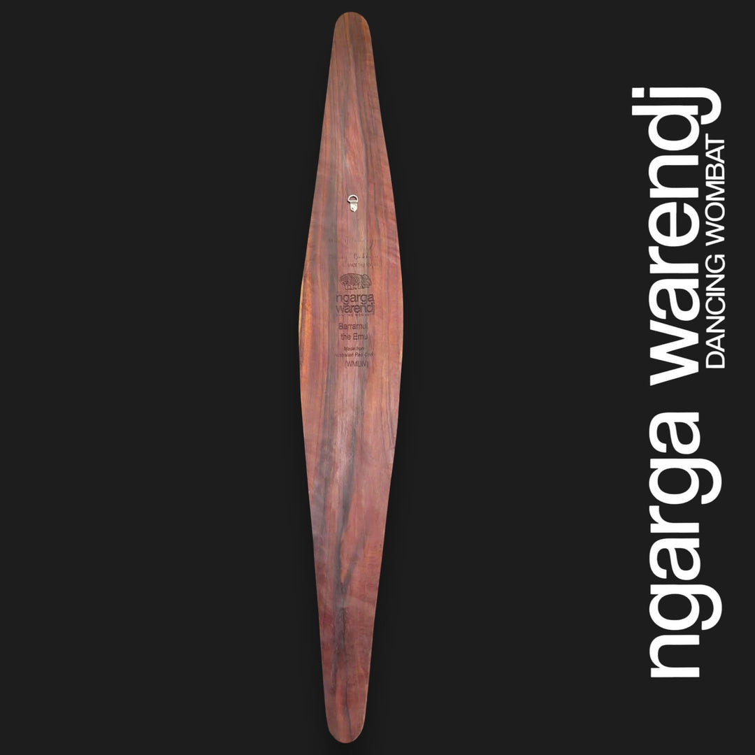 Back of large wide Barramul Emu wall shield showing red cedar grain, engraved Ngarga Warendj branding and metal wall hanger.