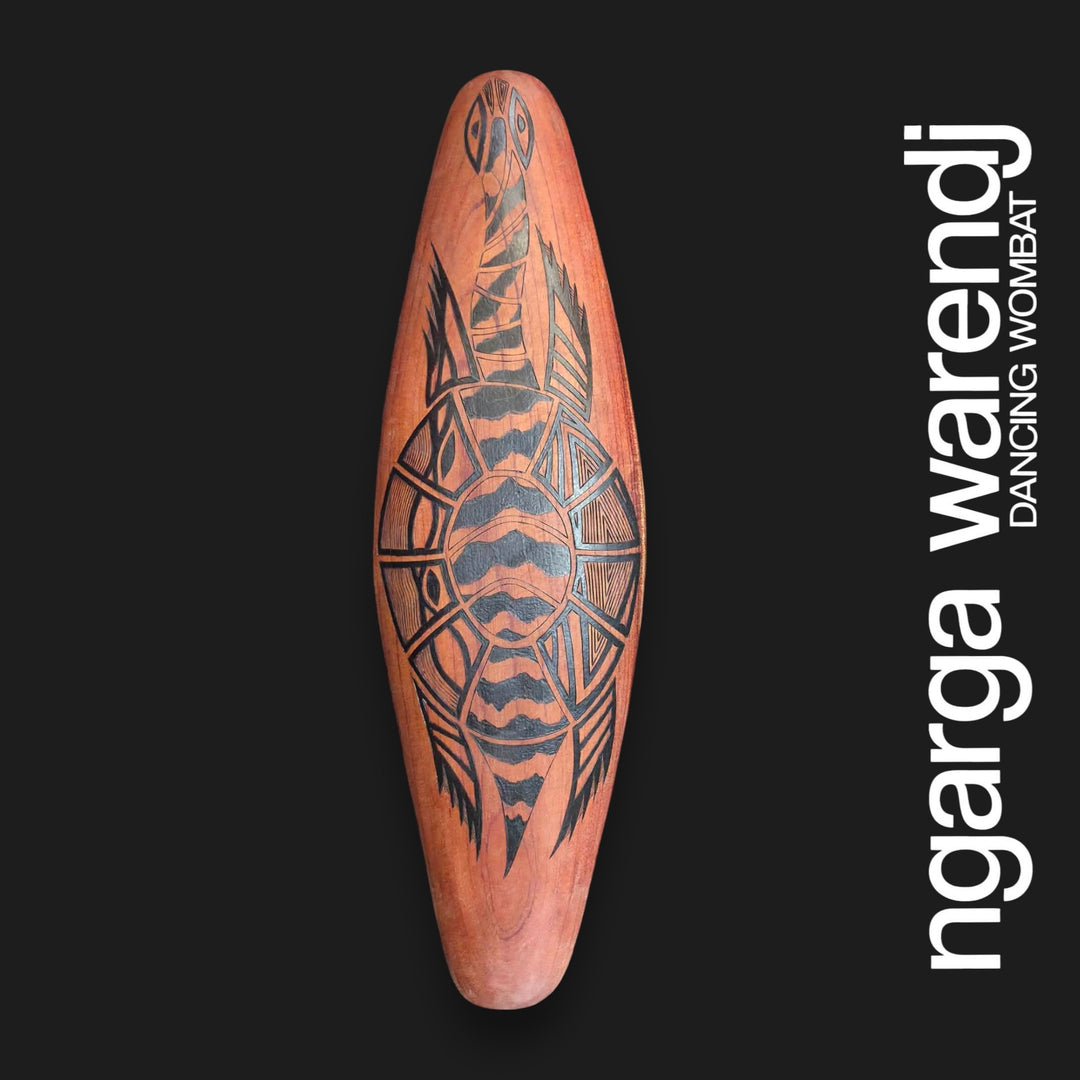 Front of small wide Australian Red Cedar wall shield featuring Barebin Buk, the long-necked turtle, with black patterned shell and limbs.