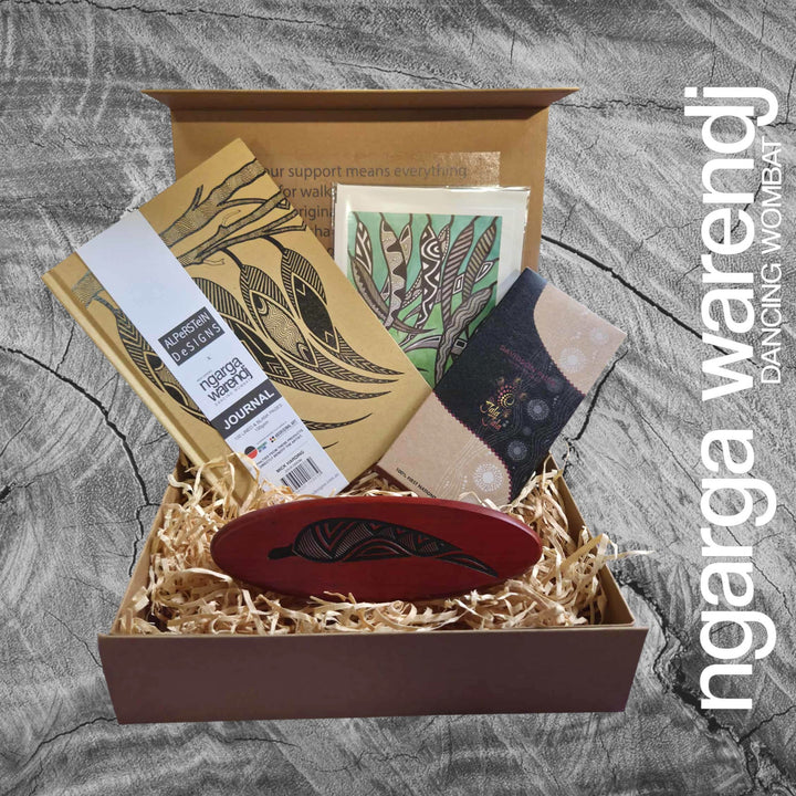 Ngarga Warendj Writers Gift Box Hamper - Oval Pen Set, Journal, Jala Jala Chocolate, Art Card