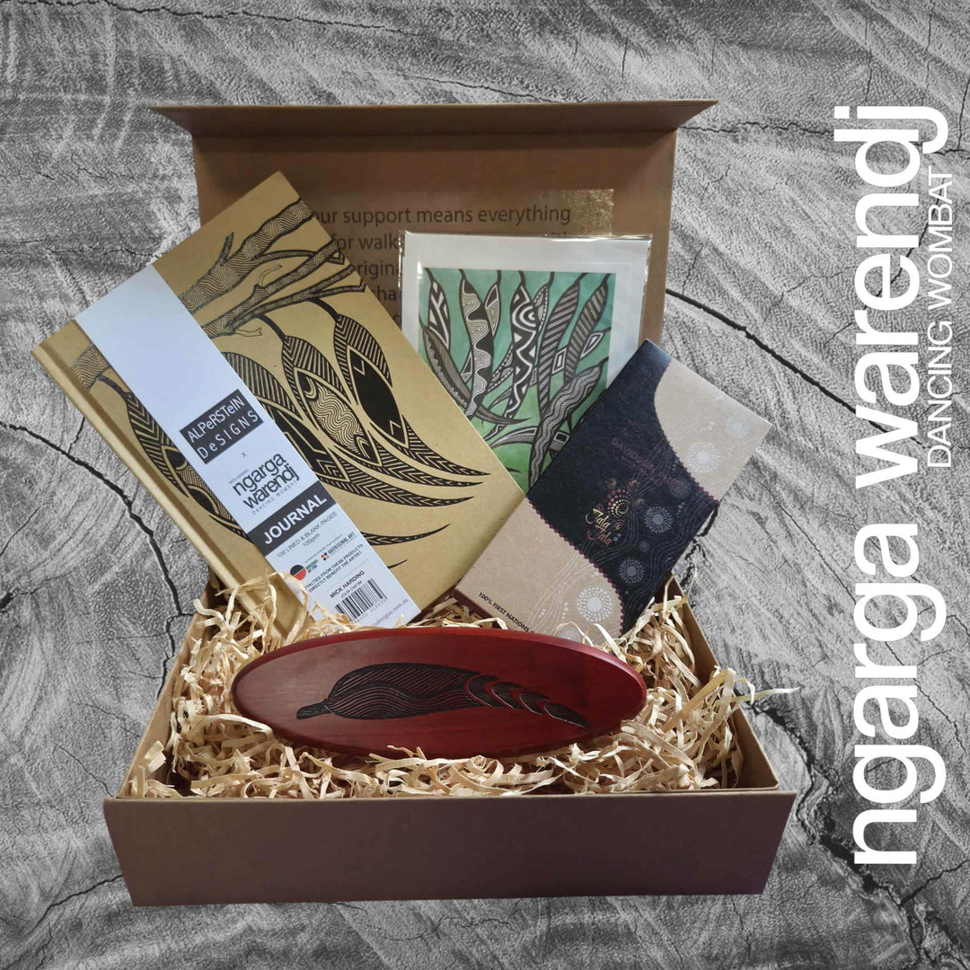 Ngarga Warendj Writers Gift Box Hamper - Oval Pen Set, Journal, Jala Jala Chocolate, Art Card