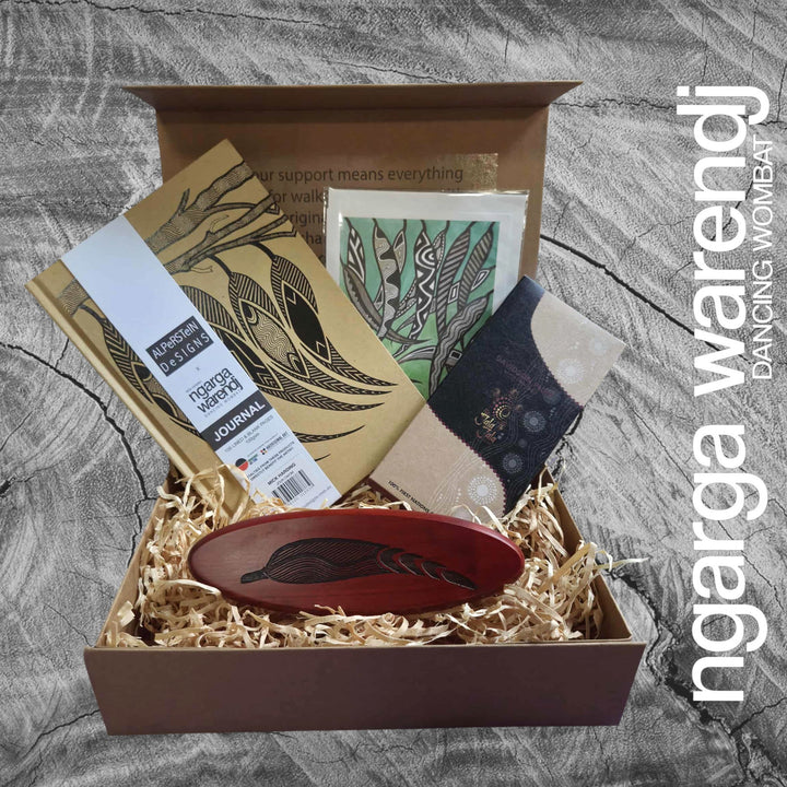 Ngarga Warendj Writers Gift Box Hamper - Oval Pen Set, Journal, Jala Jala Chocolate, Art Card