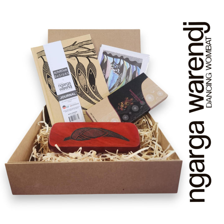 Ngarga Warendj Writers Gift Box Hamper - Rectangle Pen Set, Journal, Jala Jala Chocolate, Art Card