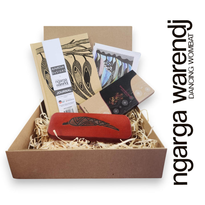 Ngarga Warendj Writers Gift Box Hamper - Rectangle Pen Set, Journal, Jala Jala Chocolate, Art Card
