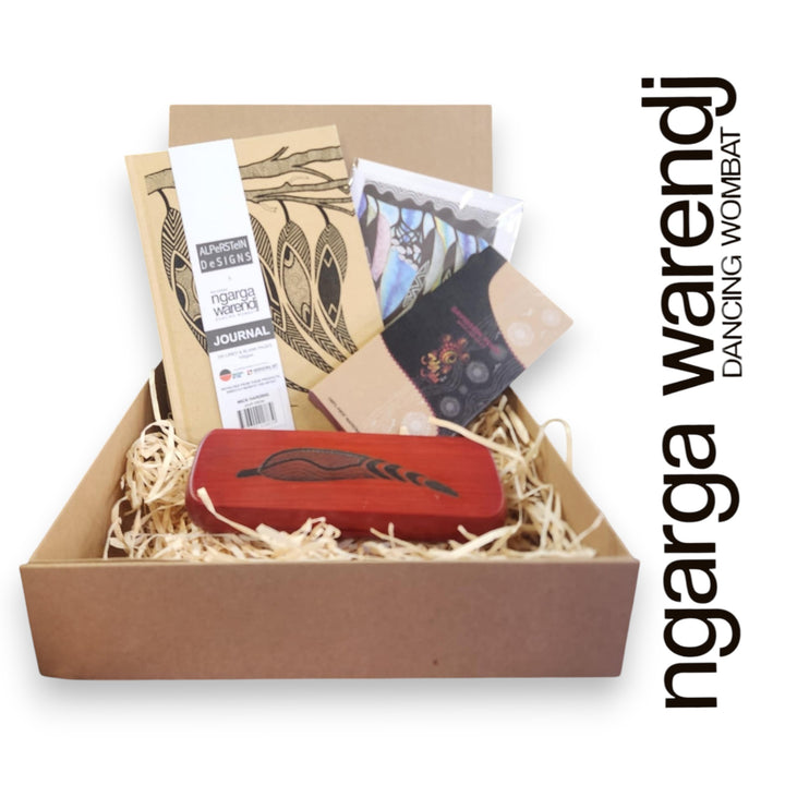 Ngarga Warendj Writers Gift Box Hamper - Rectangle Pen Set, Journal, Jala Jala Chocolate, Art Card