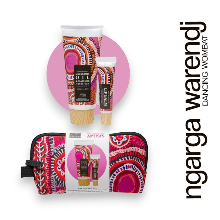 Gift box with various items including a pouch with hand cream and lip balm , hand and body wash, chocolate and card, branded 'ngarga warendj'.